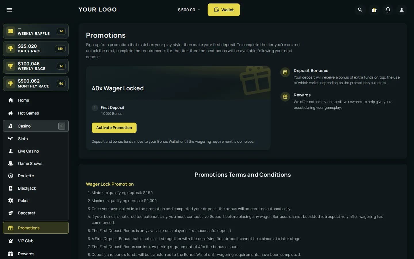 BETJUNCTION promotions area in the player-facing casino platform